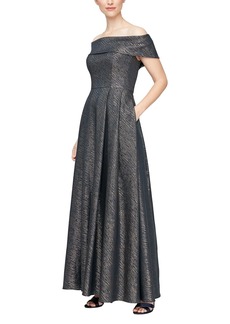 Alex Evenings Women's Stretch Jacquard Off The Shoulder Ballgown with Full Skirt and Pockets