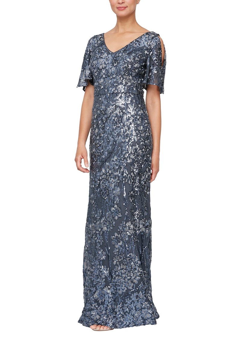 Alex Evenings Women's Long Sequin Dress with Flutter Sleeves