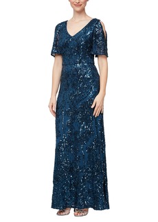 Alex Evenings Women's Petite Sequin Stretch Lace Cold Shoulder Gown  8P