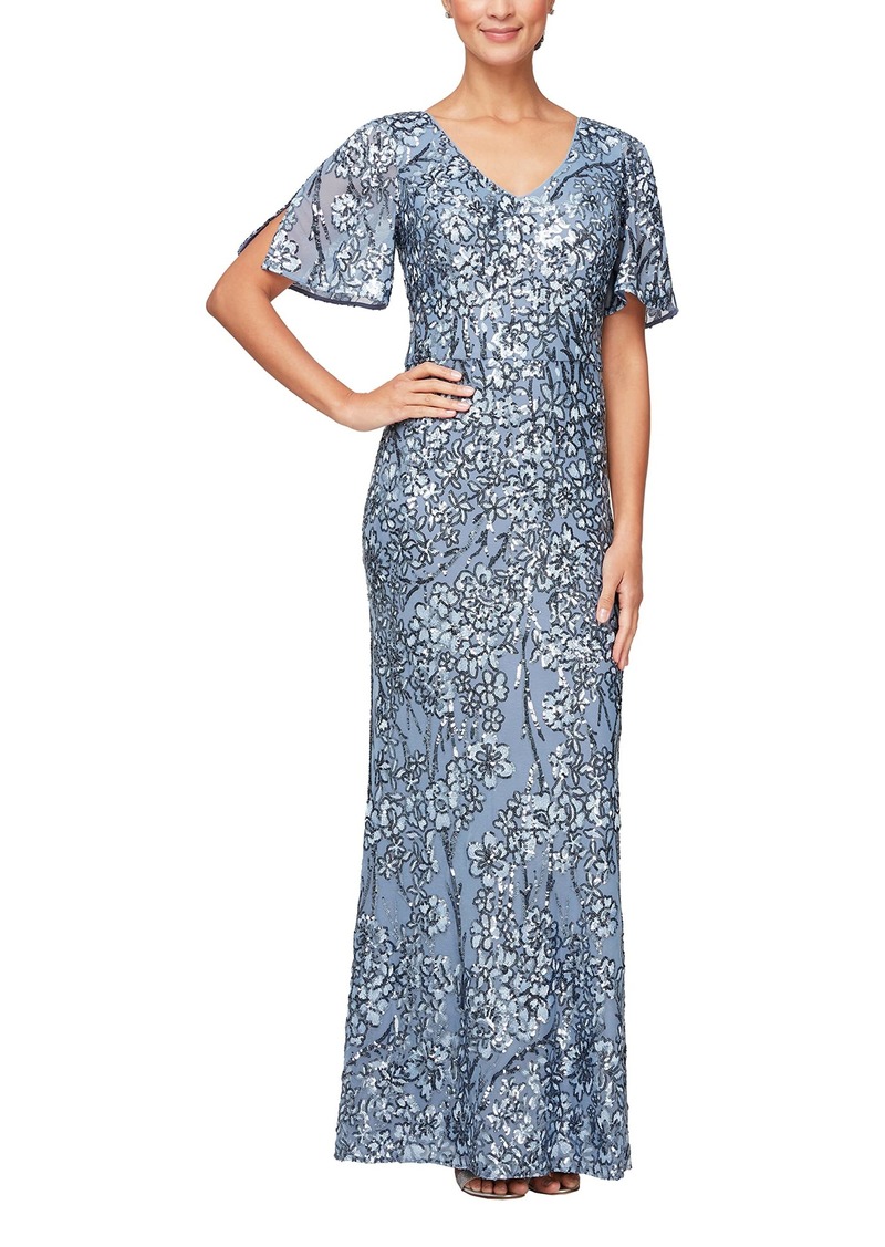 Alex Evenings Women's Long Sequin Dress with Flutter Sleeves