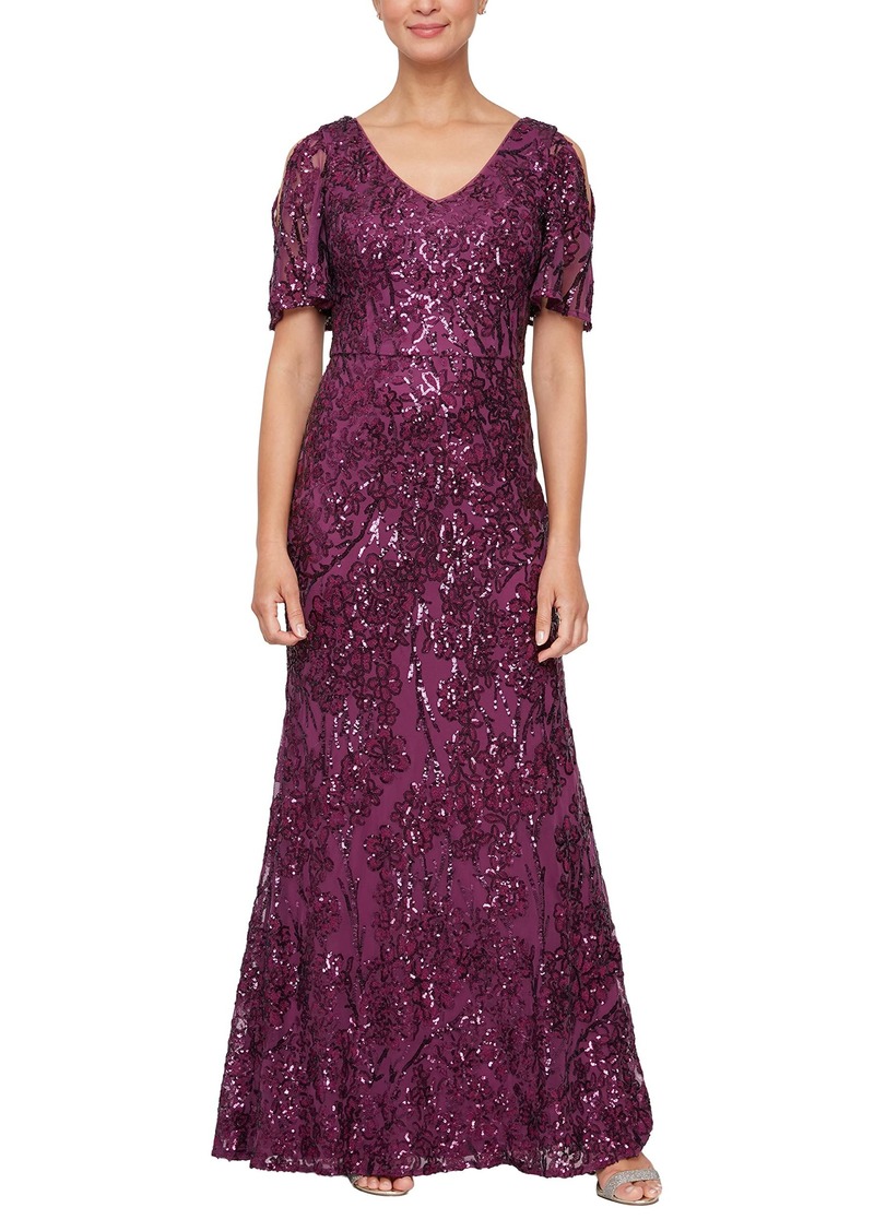 Alex Evenings Women's Long Sequin Dress with Flutter Sleeves Plum