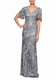 Alex Evenings Women's Long Sequin Dress with Flutter Sleeves