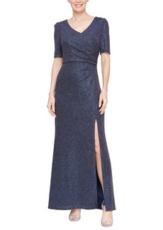 Alex Evenings Women's Metallic Elbow-Sleeve Gown - Navy Gold