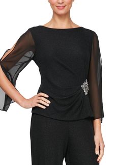Alex Evenings Women's Metallic Knit Blouse Pair with Our Pants or Skirts for Any Formal Event