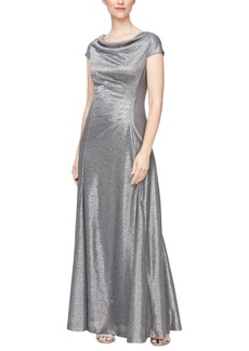 Alex Evenings Women's Metallic Ruched Cowl-Back Gown - Smoke