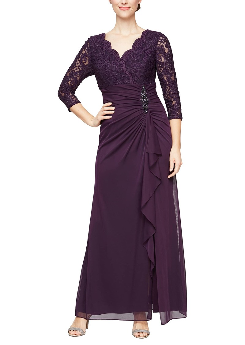 Alex Evenings Women's Petite Long Lace Top Empire Waist Dress  4P