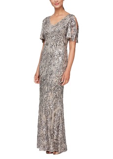 Alex Evenings Women's Long Mother of The Bride Stretch Sequin Dress with Cold Shoulder Flutter Sleeves (Petite and Regular Sizes)  14P