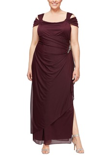 Alex Evenings womens Plus Size Long Cold Shoulder With Ruched Skirt Special Occasion Dress Beaded Wine  Plus