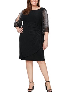 Alex Evenings Women's Plus Size Short Sheath Cocktail Dress with Embellished Sleeves and Cascade Ruffle Skirt