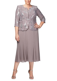 Alex Evenings Women's Size Tea Length Button-Front Jacket Dress Pewter/Frost