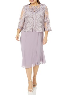 Alex Evenings womens Plus Size Tea Length Button-front Jacket Special Occasion Dress Smokey Orchid Embroidered