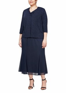 Alex Evenings Women's Plus Size Tea Length Cowl Neckline Jacket Dress  14W