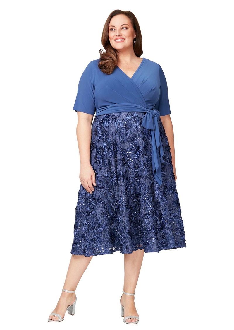 Alex Evenings Women's Plus Size Tea Length Dress with Rosette Detail