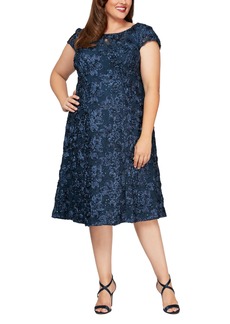 Alex Evenings Women's Plus Size Tea Length Dress with Rosette Detail Navy A-Line 24W