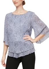 Alex Evenings Women's Printed Metallic Knit Tiered Pointed-Hem Blouse - Lavender