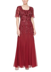 Alex Evenings Women's Sequin Chiffon Flutter-Sleeve Gown - Wine