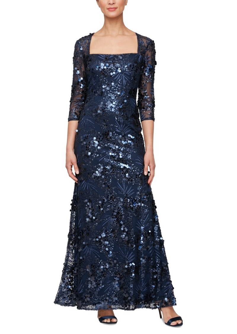 Alex Evenings Women's Sequin Embellished Square-Neck 3/4-Sleeve Gown - Navy