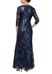 Alex Evenings Women's Sequin Embellished Square-Neck 3/4-Sleeve Gown - Navy