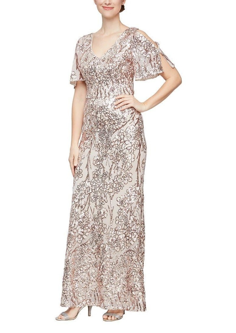 Alex Evenings Women's Mother of The Bride Stretch Sequin Dress with Cold Shoulder Flutter Sleeves (Petite and Regular Sizes)