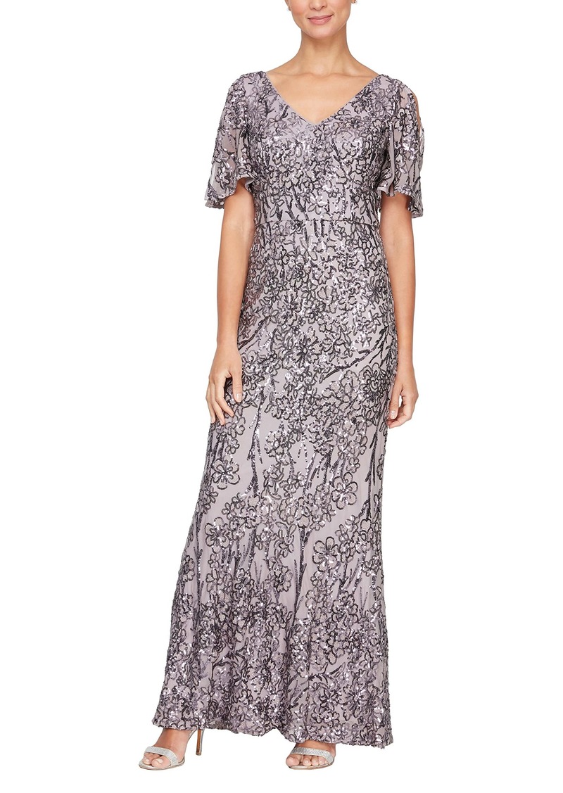 Alex Evenings Women's Long Mother of The Bride Stretch Sequin Dress with Cold Shoulder Flutter Sleeves (Petite and Regular Sizes) ICY Orchid