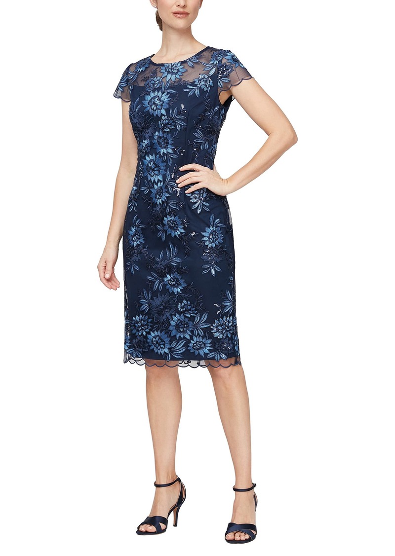 Alex Evenings Women's Short Floral Embroidered Cocktail Sheath Dress Wedding Guest Formal Gown (Petite and Regular Sizes)