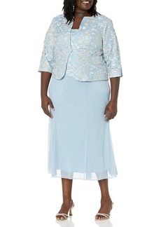 Alex Evenings Women's Size Tea Length Button-Front Jacket Dress Light Blue Corded