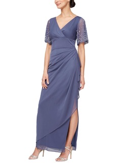 Alex Evenings Women's Sleeve Long Dress-Elegant A-line Silhouette with Ruched Empire Waist (Petite and Regular Sizes)