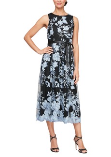 Alex Evenings Women's Sleeveless Midi Dress with Elegant Embroidery Full Skirt and Tie Belt (Petite and Regular Sizes)