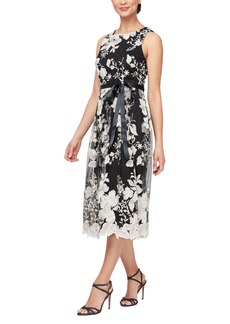 Alex Evenings Women's Sleeveless Midi Dress with Elegant Embroidery Full Skirt and Tie Belt (Petite and Regular Sizes)