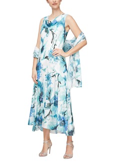 Alex Evenings Women's Sleeveless Tea Length Cowl Neck Floral Print Gown with Shawl Formal Events Wedding Guest Dress