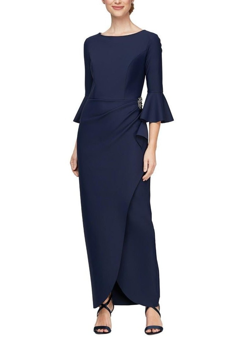 Alex Evenings Women's Slimming Long Length Side Ruched Mother of The Bride Dress w/Hip Embellishment and Bell Sleeves