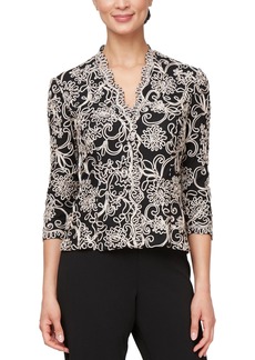 Alex Evenings Women's Stretch Embroidered Formal Event Blouse with Center Front Scallop Detail and Illusion Sleeves