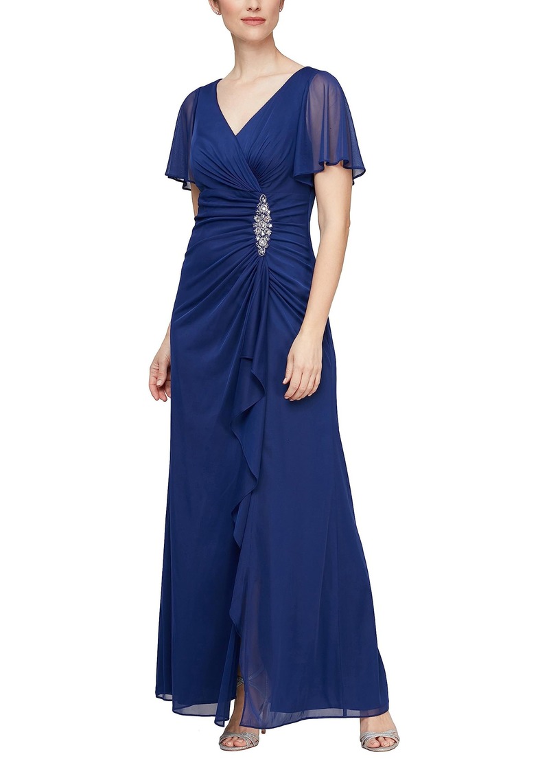 Alex Evenings Women's Long Surplice Neckline Mother of The Bride Dress with Flutter Sleeves and Hip Embellishment