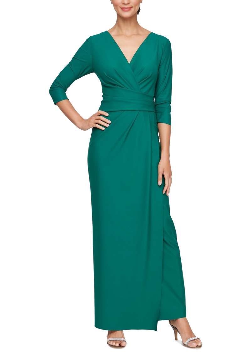 Alex Evenings Women's Surplice-Neck 3/4-Sleeve Gown - Emerald Green