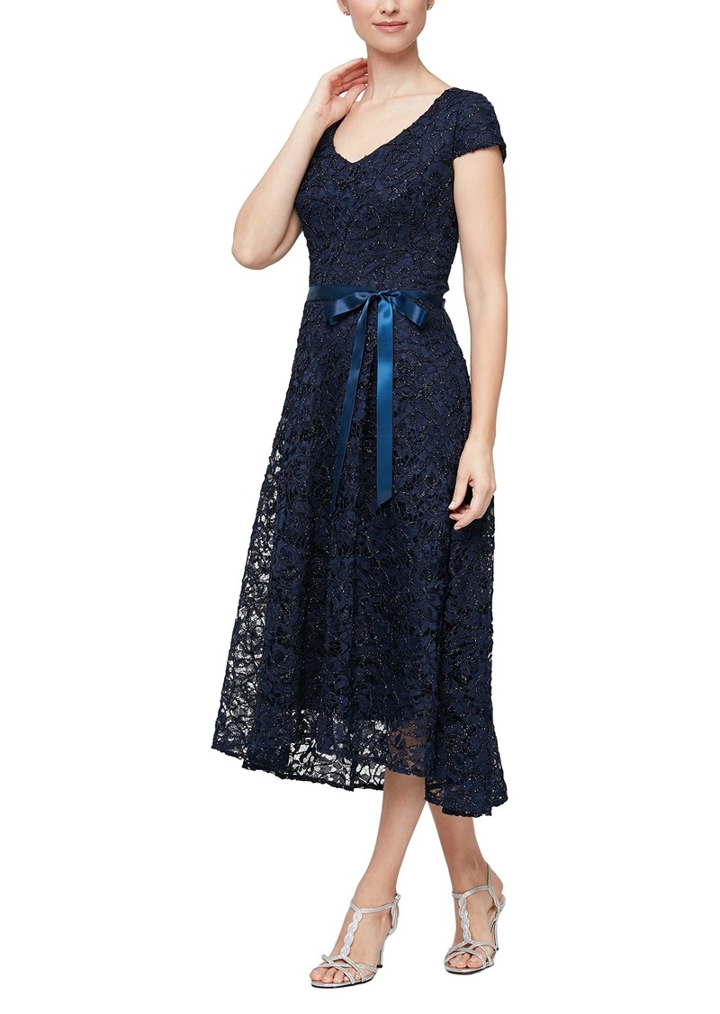 Alex Evenings Women's A-Line Stretch Embroidered Dress with Tie Belt  16P