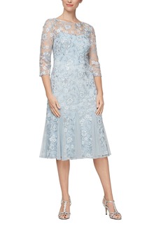 Alex Evenings Women's Tea Length Embroidered Dress Illusion Sleeves (Petite Missy)  16P