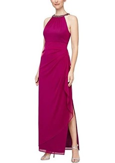 Alex Evenings Beaded Halter Long Gown with Side Ruching
