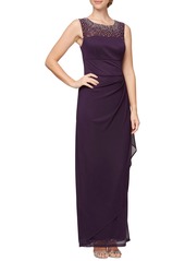 Alex Evenings Beaded Mesh Yoke Chiffon Gown in Eggplant at Nordstrom