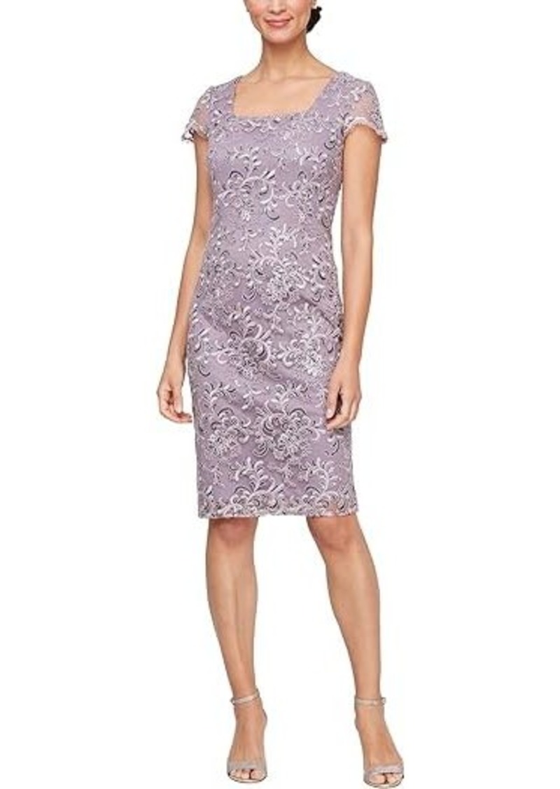 Alex Evenings Embroidered Sheath Dress with Cap Sleeves and Square Neckline
