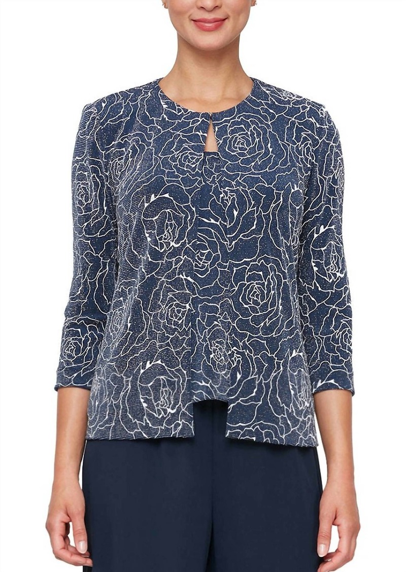 Alex Evenings Flower Printed Twinset With Hook Neck Closure Jacket In Dark Navy