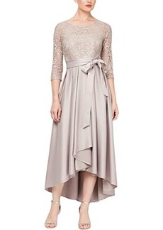 Alex Evenings High-Low Sequin Lace Dress w/ Satin Skirt and Self-Belt