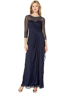 Alex Evenings Long A-Line Dress with Beaded Sweetheart Illusion Neckline