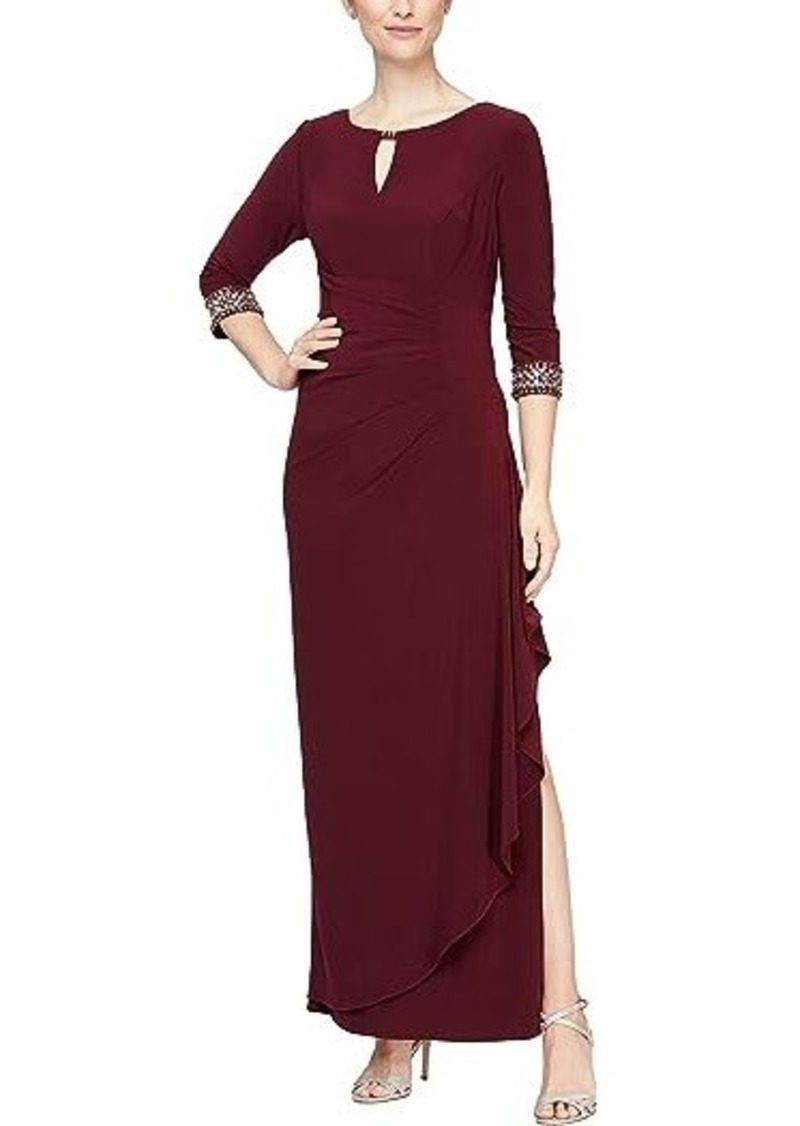 Alex Evenings Long A-Line Dress with Embellished Sleeves and Neckline