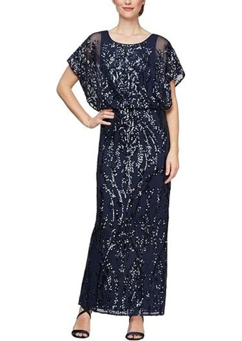 Alex Evenings Long Blouson Column Dress with Flutter Sleeves