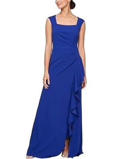 Alex Evenings Long Crepe Dress with Square Neck and Cascade Ruffle Detail