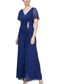 Alex Evenings Long Dress with Hip Embellishment and Flutter Sleeves