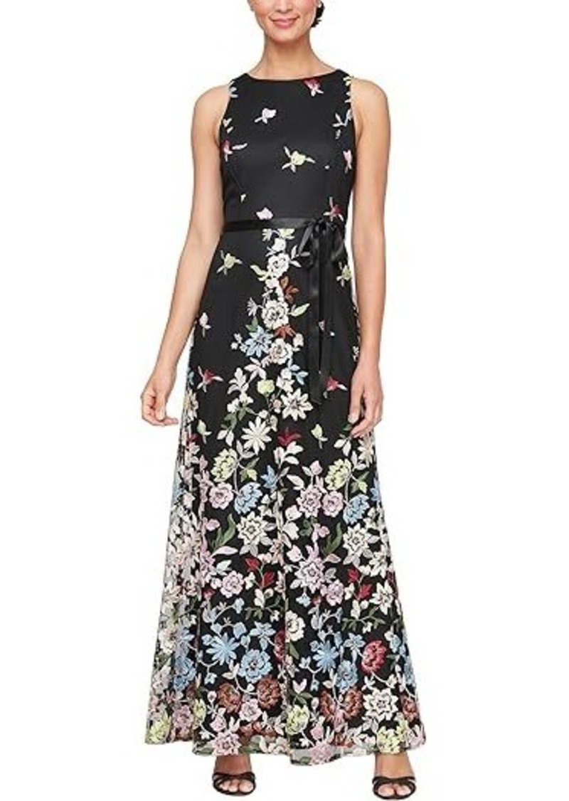 Alex Evenings Long Embroidered A-Line Dress with Satin Tie Belt