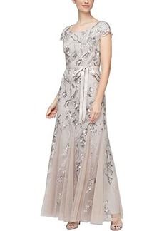 Alex Evenings Long Embroidered Dress with Godet