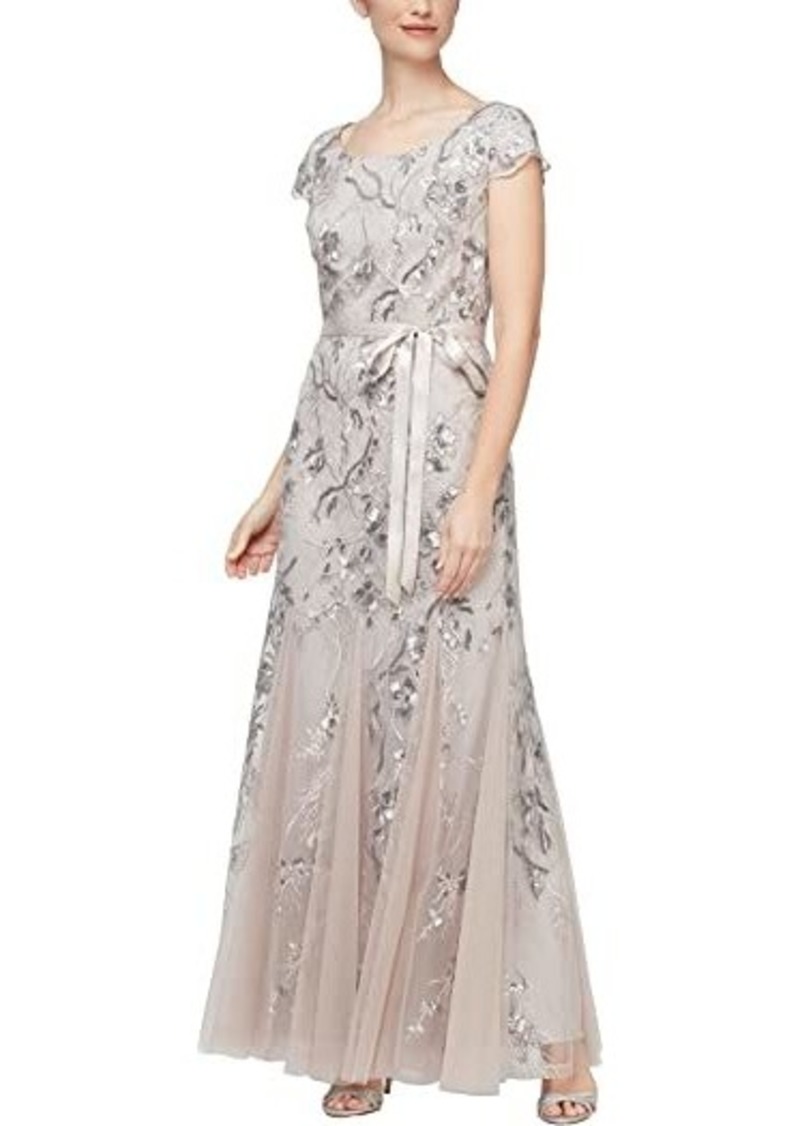 Alex Evenings Long Embroidered Dress with Godet