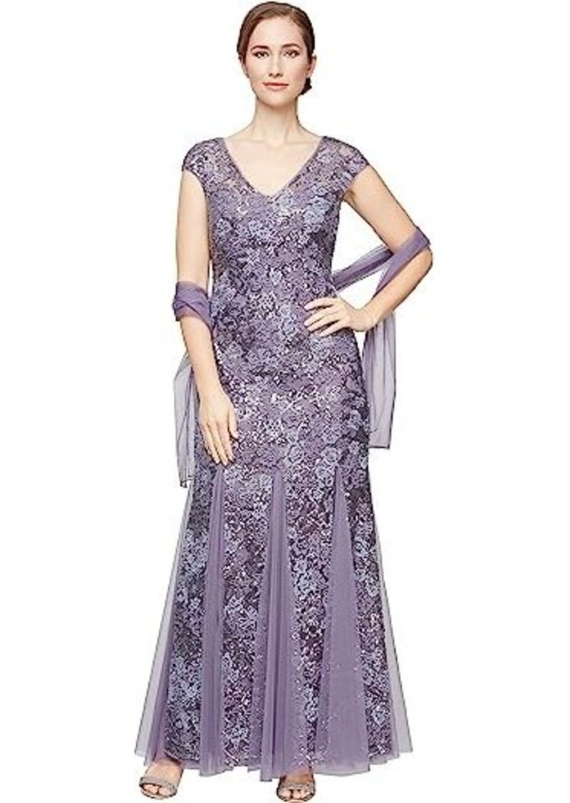 Alex Evenings Long Embroidered Fit-and-Flare Dress with Godet Detail Skirt and Shawl